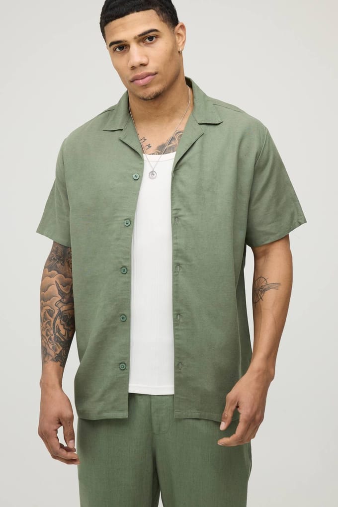 Regular Fit Linnen Blend Overhemd Met Korte Mouwen | Olive | Size Small