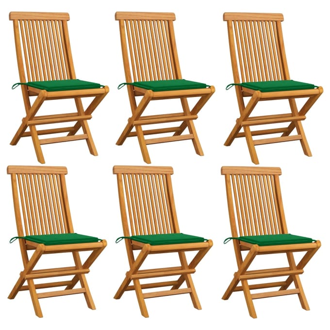 vidaXL - Klapstoelen - met - groene - kussens, - 6 - stuks, - massief - teakhout