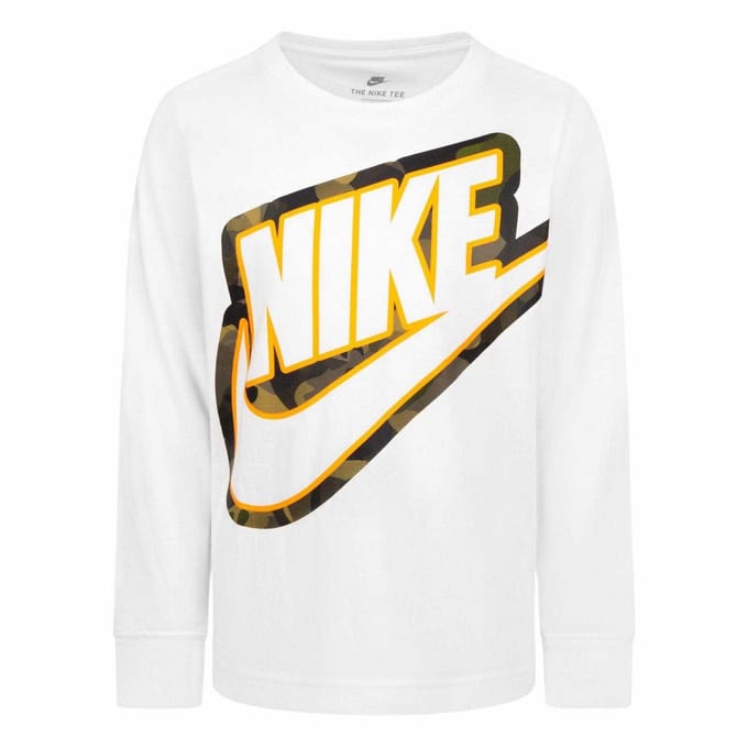 Nike Kinder-T-shirt met lange mouwen en camouflageprint (Wit)