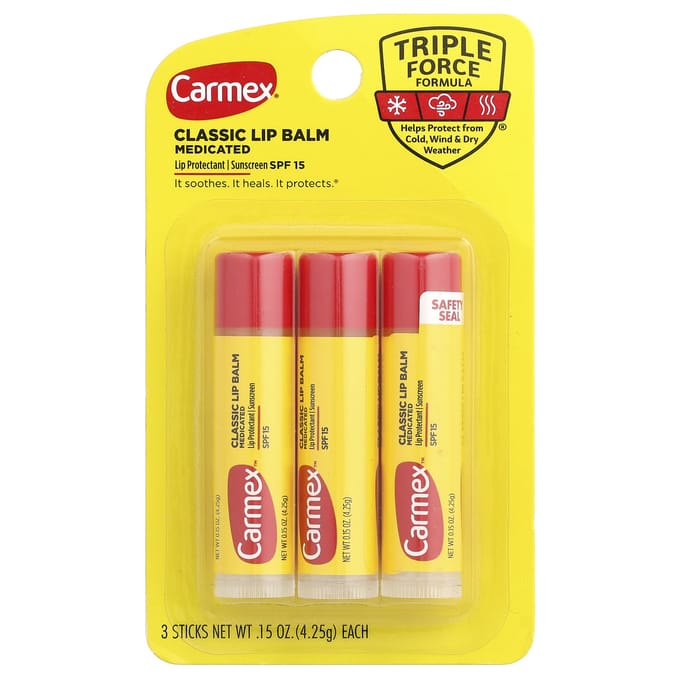 Carmex, Baume à Lèvres Classique, Médicamenté, FPS 15, 3 Bâtonnets, 4,25 g (0,15 oz) Chaque yellow