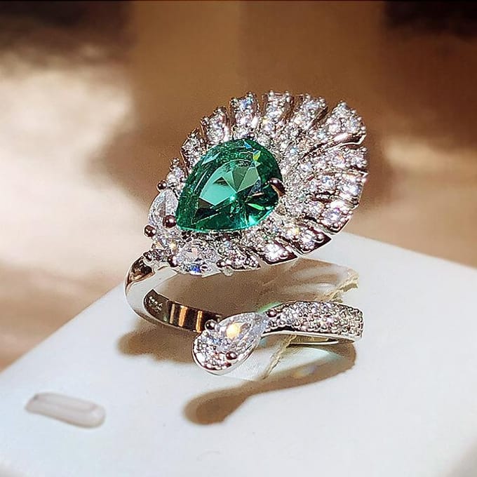 Caibao Licht Luxe High-end Groene Oma Pauwenstaart Ring Dames Paleisstijl Veelzijdige Wijsvinger Sieraden Opening adjustable gray