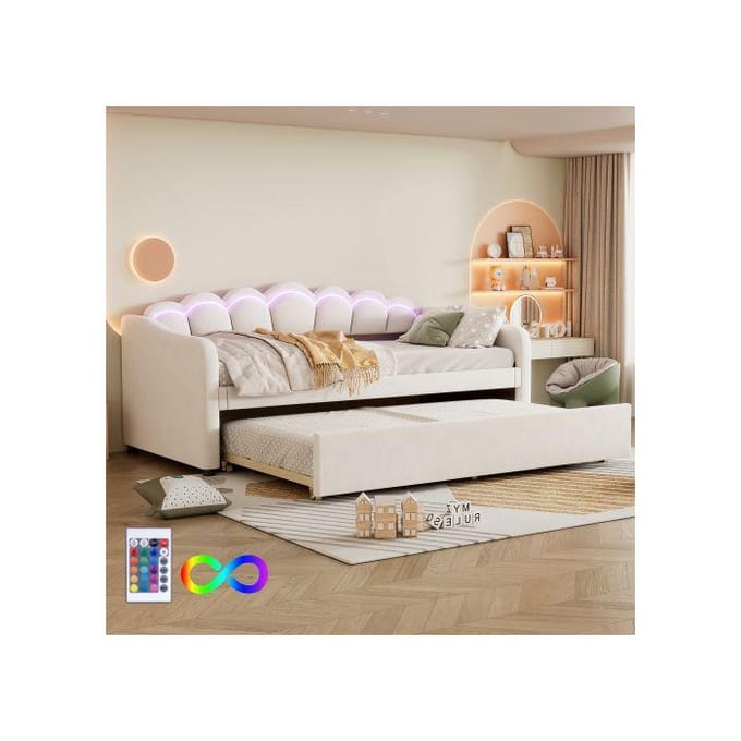 Lit de jour - Daybettt - 90x200 cm - Lit escamotable - Flanelle et MDF - LED réglable beige
