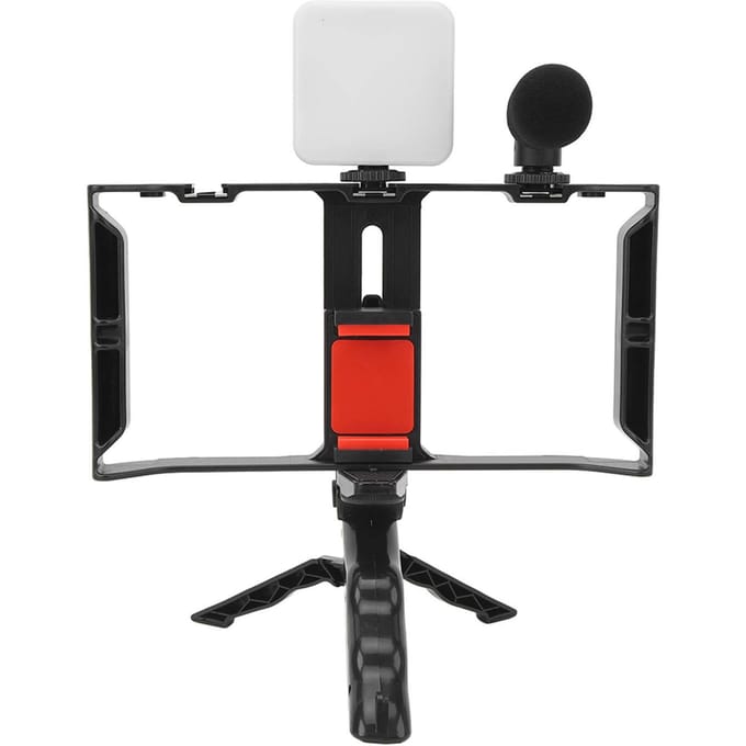 Telefoon Livestreaming Kit met Invullicht Microfoon Geluidskabel Telefoonkooi Handheld Statief Telefoon white