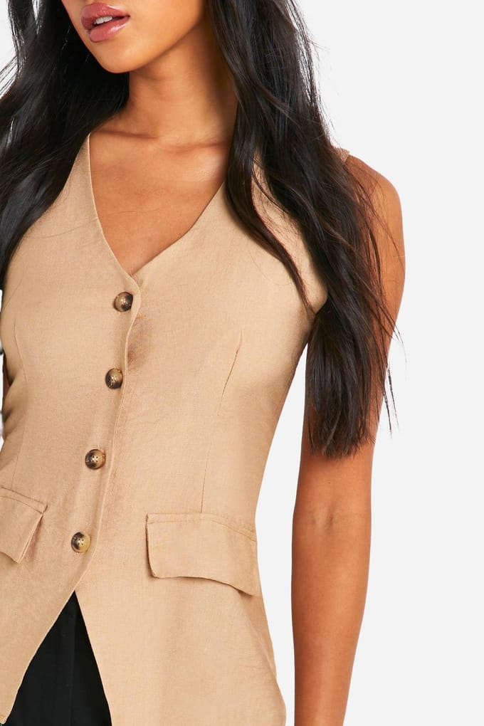 boohoo Dames Linnen-look lang vest | Taupe | Maat: 6