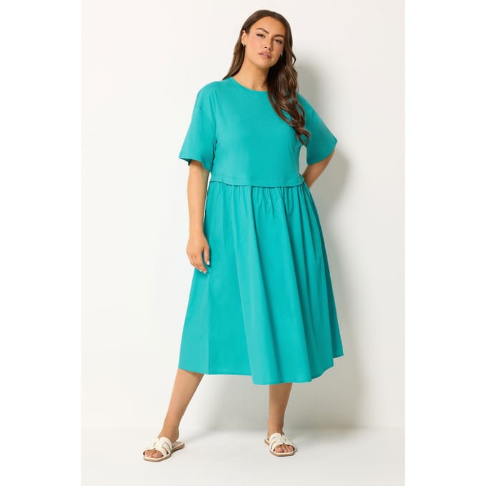 Yours Turquoise Blauw Poplin Tshirt Midijurk Size 42