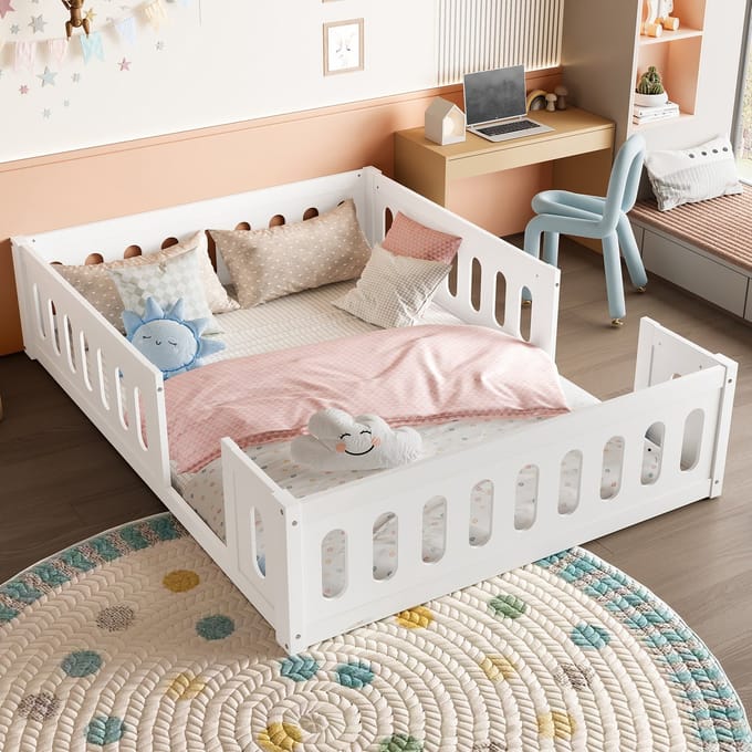 MIVRAY Platformbed 140x200 Cm - Halfopen Beschermhek Voor Kinder - Lage Slaaph