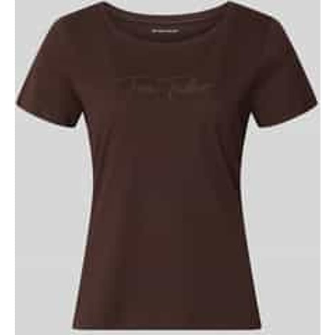 Tom Tailor - T-shirt met glitterlogo - Maat XS - java dark brown