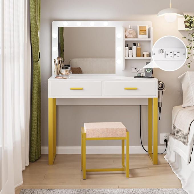 Kaptafel met Verlichte Spiegel, Make-up Tafel met Opbergruimte en Stoel