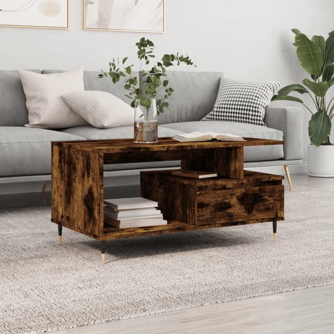 vidaXL - Salontafel - 90x49x45 - cm - bewerkt - hout - gerookt - eikenkleurig