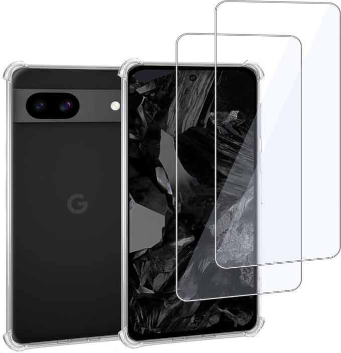 Geschikt voor Google Pixel 8a - Hoesje + 2x Screenprotector – Gehard Glas Cover + Shock Proof Case – Transparant