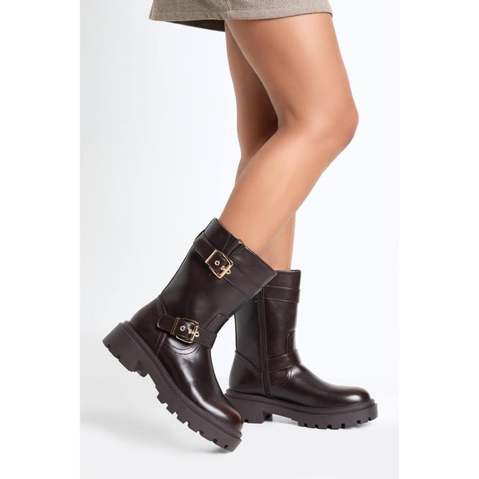 boohoo Dames Hikerlaarzen met dubbele gespdetails | Chocoladebruin | Maat: 41