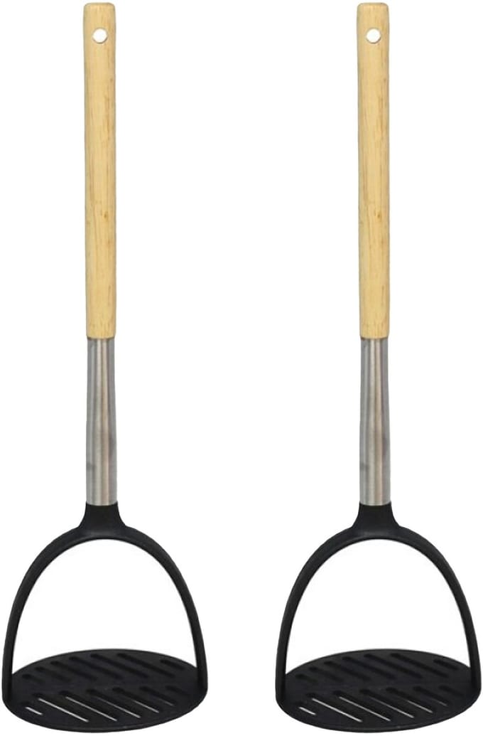 Gerimport Aardappelstamper/pureestamper - 2x - kunststof/hout - keuken gerei - 32 cm