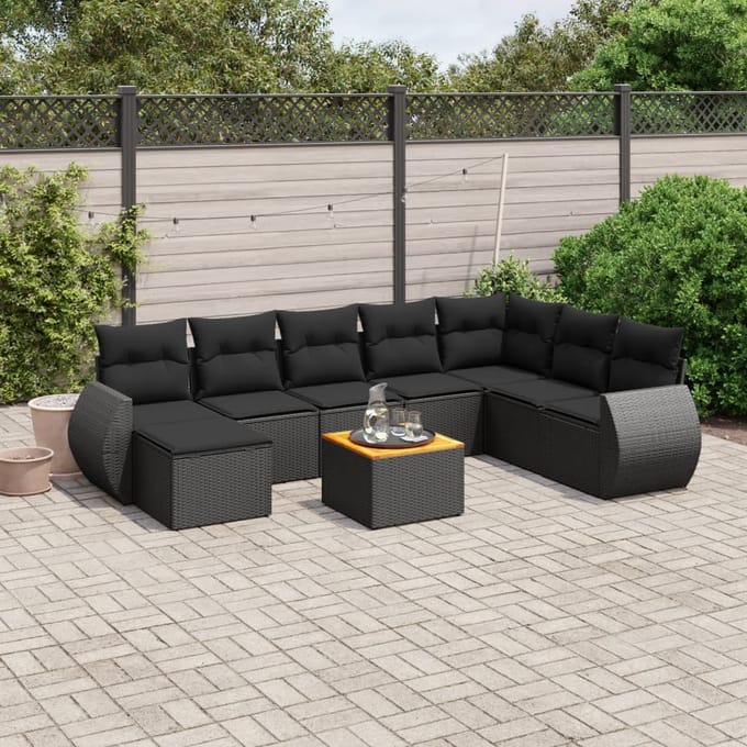 vidaXL - 9-delige - Loungeset - met - kussens - poly - rattan - zwart