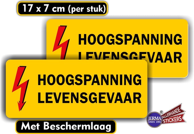 Jerma - Hoogspanning Levensgevaar - Sticker - Set - 2 st - 17 x 7 cm - Weerbestendig - Zelfklevend