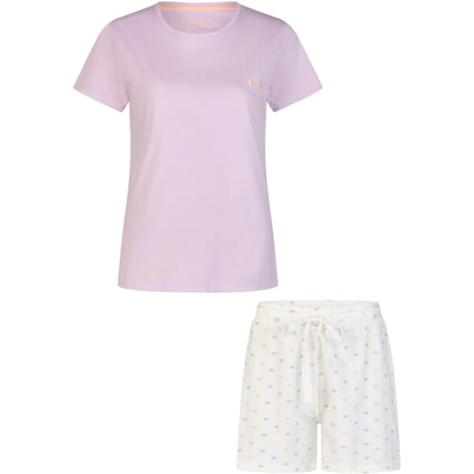 By Louise Dames Shortama Korte Pyjama Set Geprint Paars/Wit Gestipt - Maat M