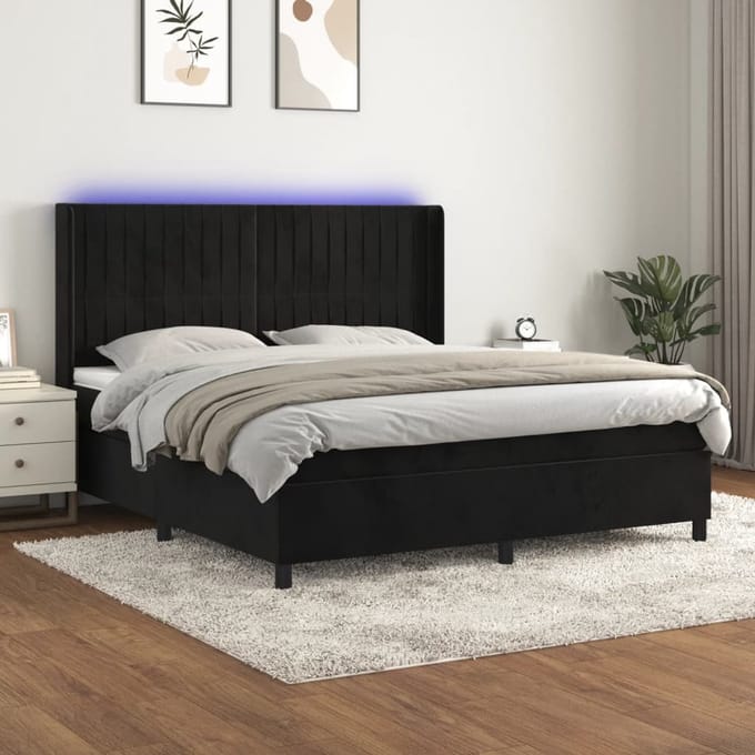 vidaXL - Boxspring - met - matras - en - LED - fluweel - zwart - 180x200 - cm