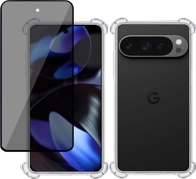 Hoesje + Privé Screenprotector geschikt voor Google Pixel 9 Pro XL – Privacy Tempered Glass - Case Transparant