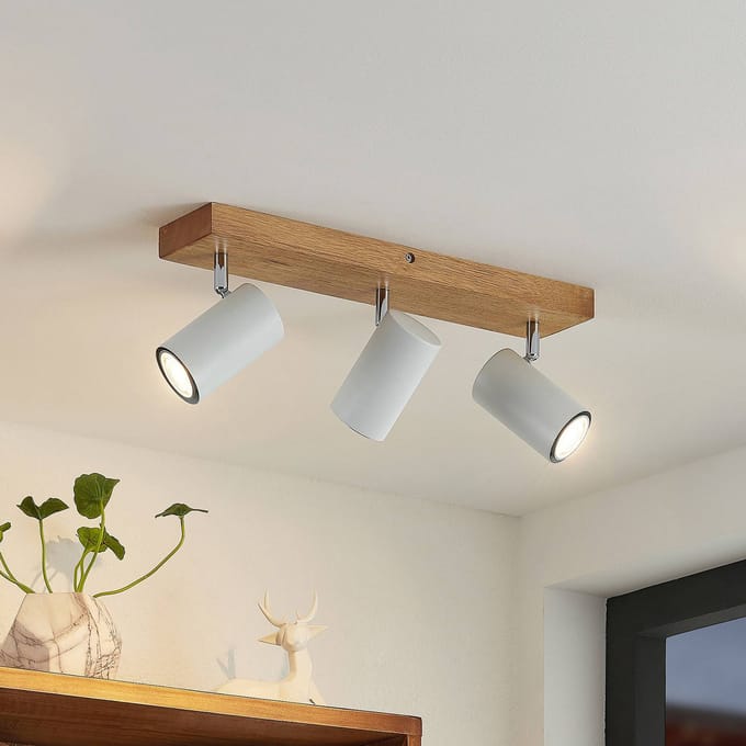 Lindby - buitenspot - 3lichts - Ijzer, rubberhout - H: 16 cm - GU10 - licht hout, wit, chroom