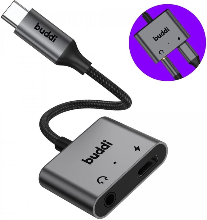 Buddi Ease USB-C en 3.5mm Jack naar USB-C Splitter | 60W PD | Hoofdtelefoon & Microfoon Splitter | DAC Chip | Compact Verloopstukje | Grijs