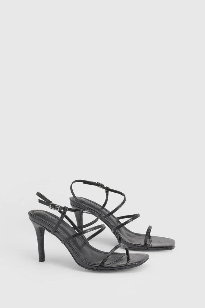 boohoo Dames Wijde Pasvorm Croco Mid Stiletto Barely There 2-delige Hakken | Zwart | Maat: 38