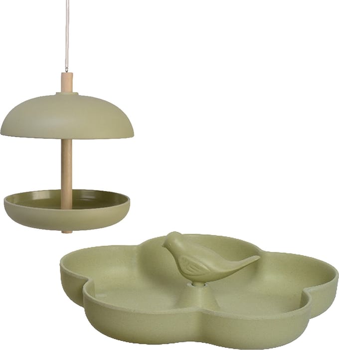 Vogel voedersilo met vogelbad - bamboe hout - lichtgroen