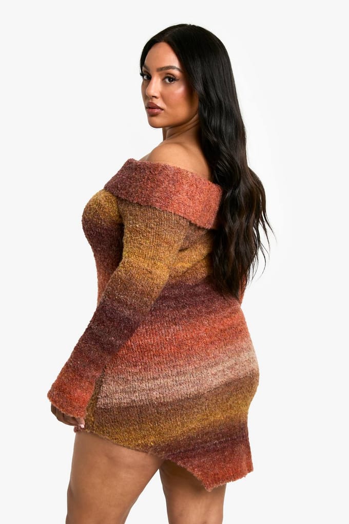boohoo Dames Plus Ombre Fluffy Knit Bardot Minjurk | Rust | Maat: 22