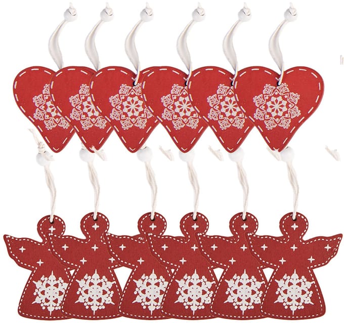 Clayre & Eef Kersthanger Set van 12 Hart 13x13 cm Rood Hout