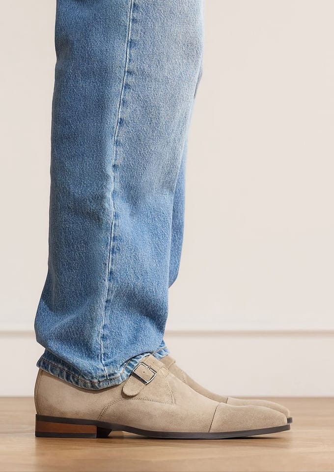 Manfield - Heren - Beige suède gespschoenen - Maat 41
