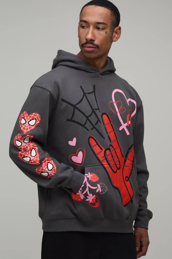 Oversized Spiderman Multi Print Licentie Hoodie | Charcoal | Size Small