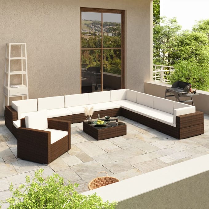 vidaXL - 12-delige - Loungeset - met - kussens - poly - rattan - bruin