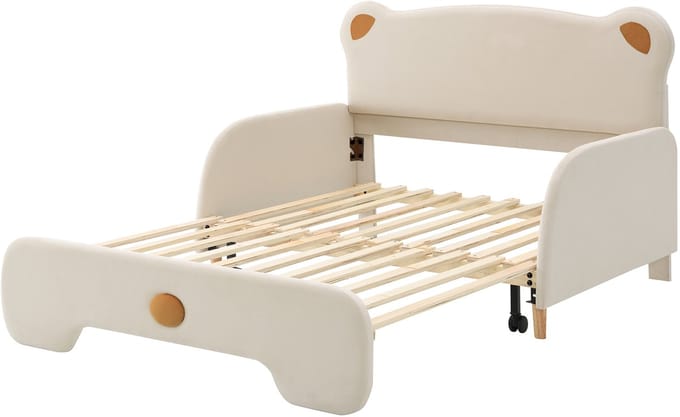 COVREO Bedframe 140x200 cm - beige velvet, berenvorm, met matras