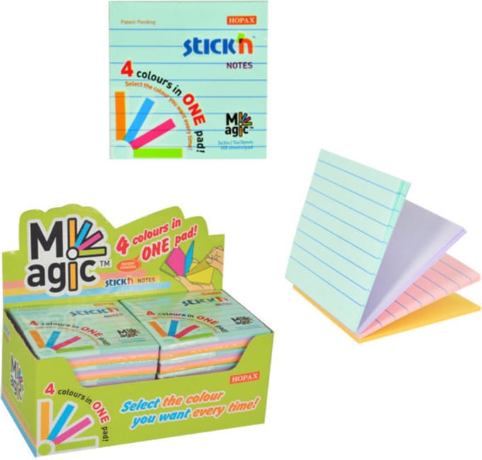 Stick'n Magic Sticky Notes - 12 pack - 76x76mm - 4 Pastel Kleuren - 1200 memoblaadjes