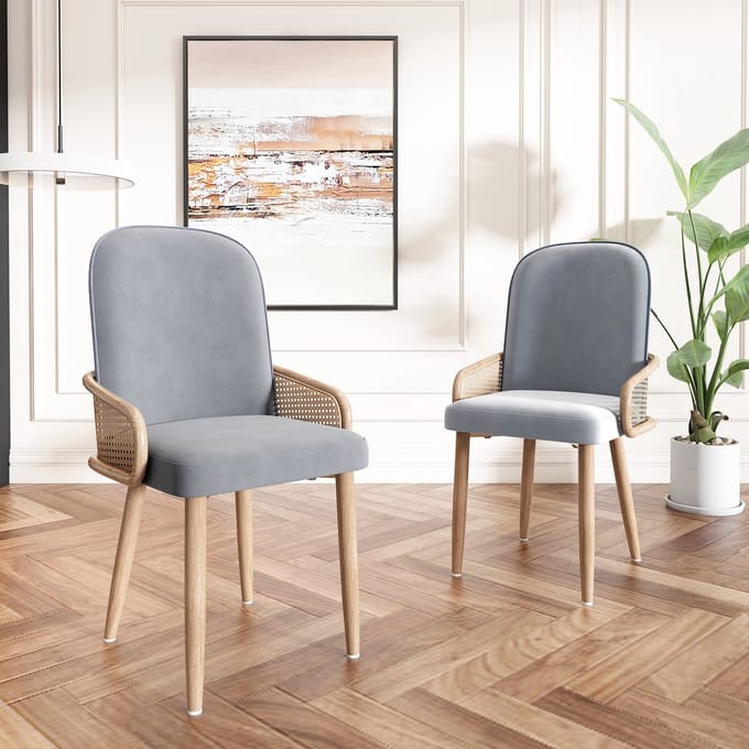 STILVORA Eetkamerstoel - Luxe Fluweel Rattan Design - Set van 2 - Voor Eetkamer, Woonkamer en Slaapkamer - Grijs