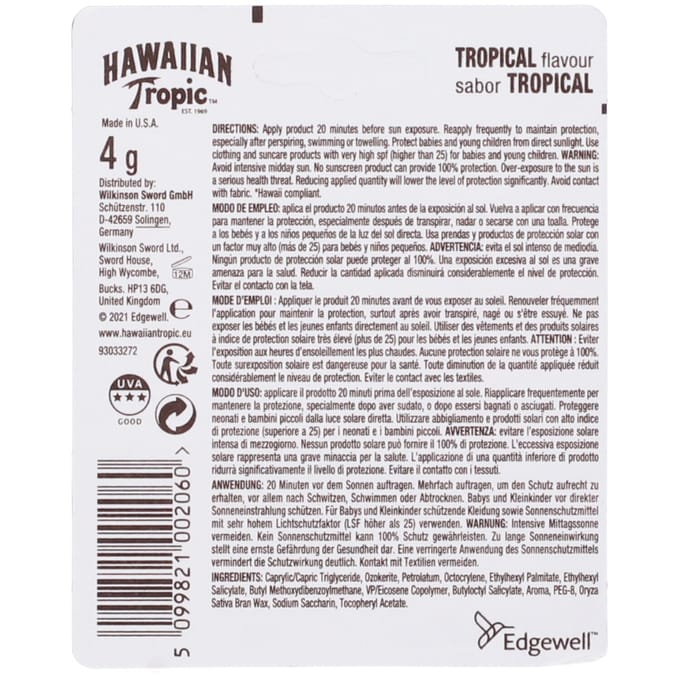 Hawaiian Tropic Lip Balm Sun Protection Stick Spf30 Water Resistant