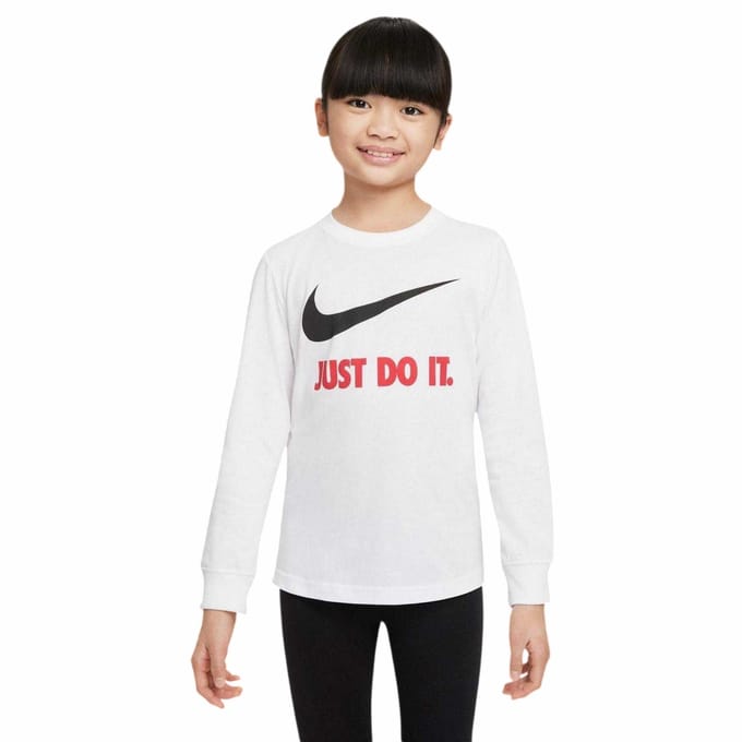 Nike Kinder-T-shirt met lange mouwen en 'Just Do It'-swoosh (Wit)