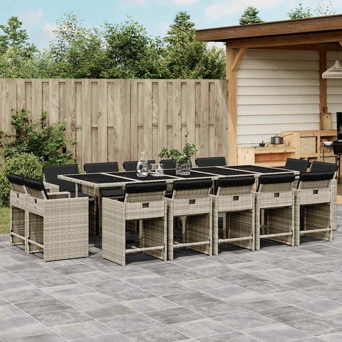 vidaXL - 15-delige - Tuinset - met - kussens - poly - rattan - lichtgrijs