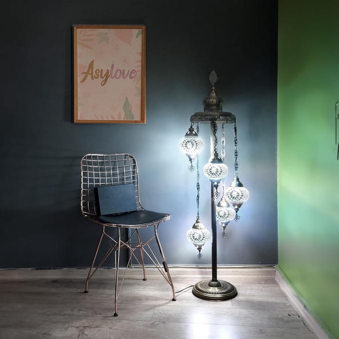 Handmade - Turkse staande lamp - 5 bollen - Oosterse vloerlamp - mozaïek - Wit