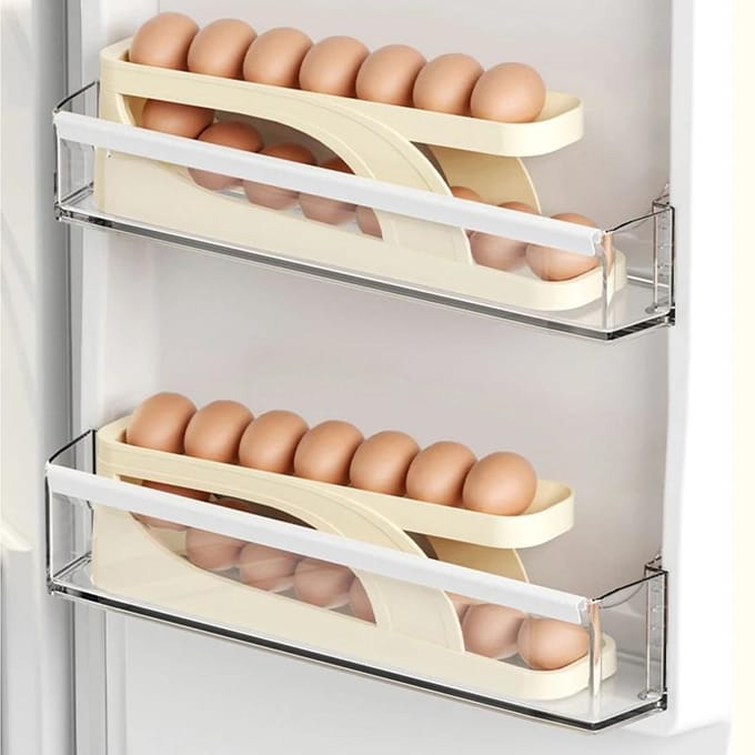 Automatische scrollende eierrekhouder Opbergdoos Eiermand Container Organizer Rolldown koelkast Eierdispenser voor keuken beige