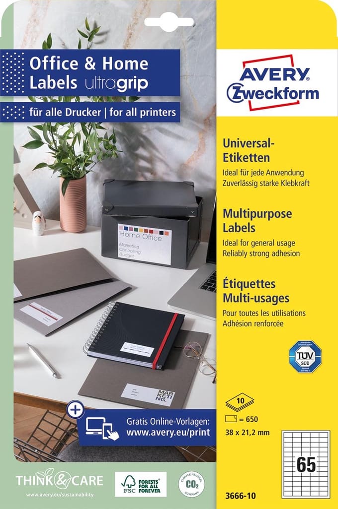 Avery-Zweckform 3666-10 38 x 21.2 mm Papier Wit 650 stuk(s) Permanent hechtend Universele etiketten Inkt, Laser, Kopie 10 vel DIN A4