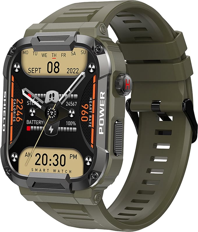 Kiraal Wave - Mannelijke Elegantie - Robuust Smartwatch Ontwerp - Android & iOS - Stijlvol Leger Groen Design