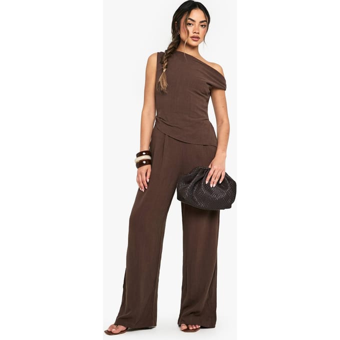 boohoo Dames Linnen Look Twist Strap Jumpsuit | Chocoladebruin | Maat: 38