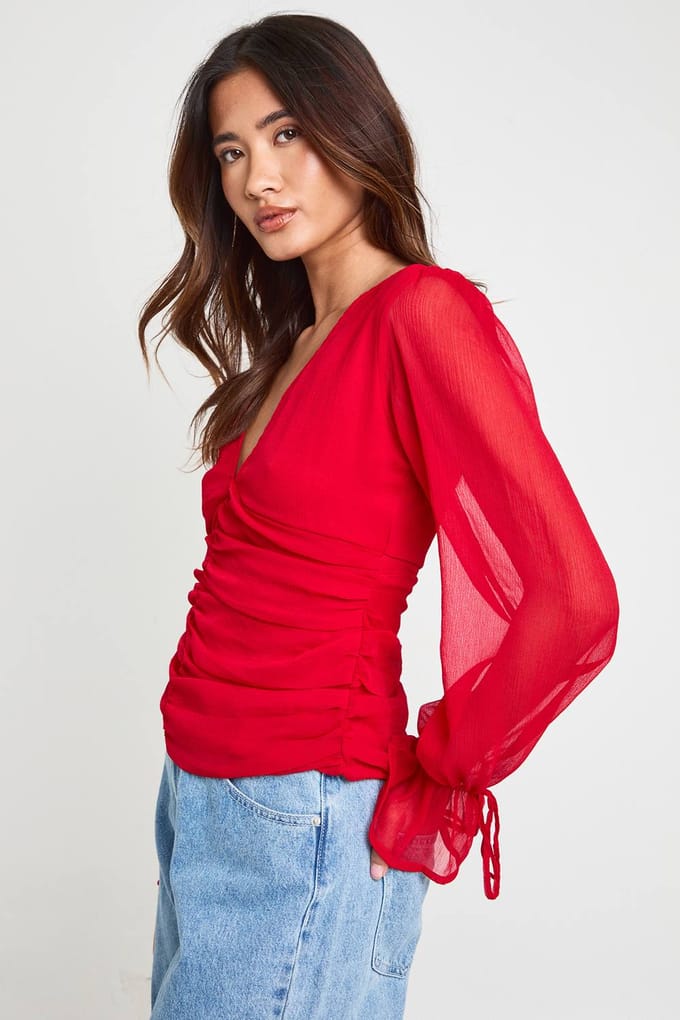 boohoo Dames Chiffon Blouse Met Strikmanchetten | Rood | Maat: 34