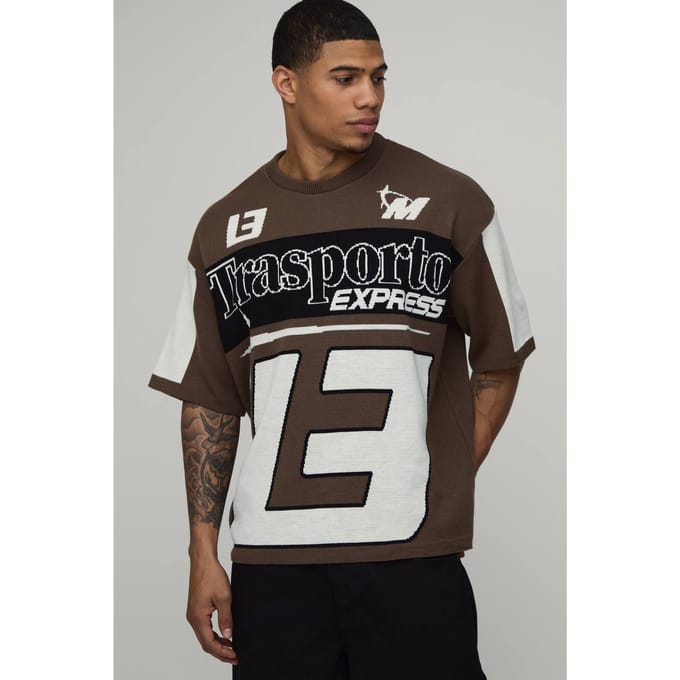 Oversized Moto Racing Graphic Knitted T-Shirt | Brown | Size Medium