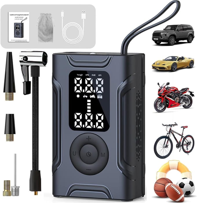 Draagbare elektrische luchtpomp voor fiets, auto en motor met LED-lamp, 150 PSI, oplaadbare compressor