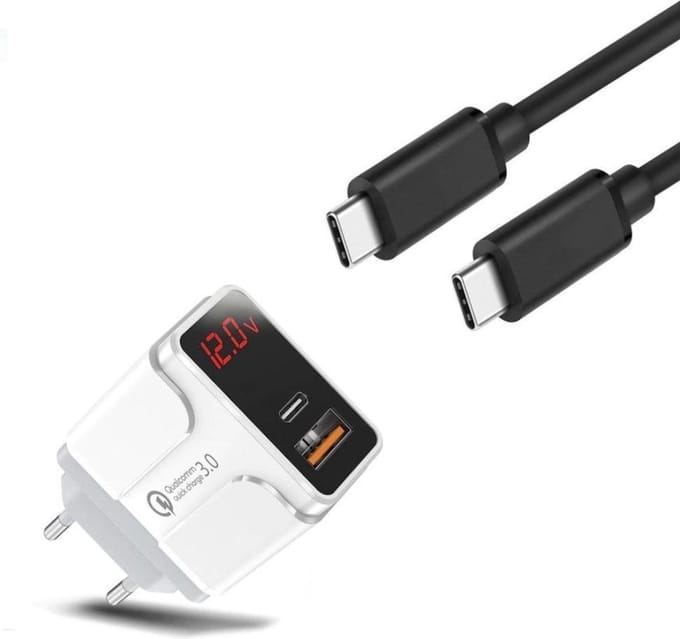 DrPhone HALO5 Qualcomm 3.0 Quick Charge 18W Thuislader + PDTC1 USB-C Naar USB-C Fast Charger 2 Meter & LED-display real-time status - Wit