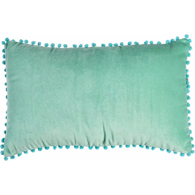 Velours sierkussen mintgroen met aqua pompons 33x50cm