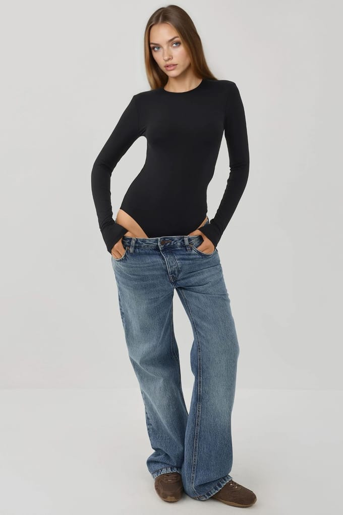 Slim Fit Lange Mouwen Crew Neck Bodysuit met Drukknoopjes