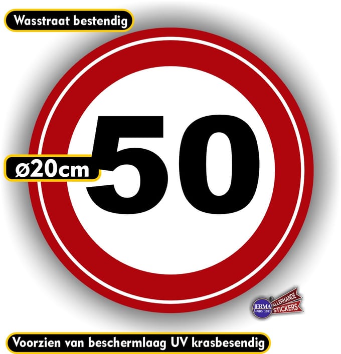 Jerma - Maximumsnelheid - 50 km/h - Sticker - Ø 20 cm - Zelfklevend - Vinyl - Weerbestendig - Krasvrij