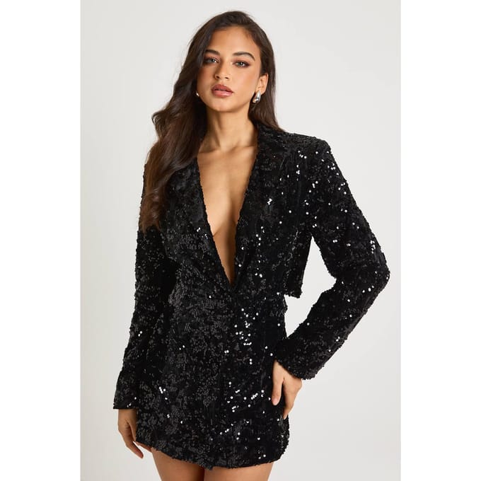 boohoo Dames Gestructureerde fluwelen kanten demask blazerjurk | Zwart | Maat: 38