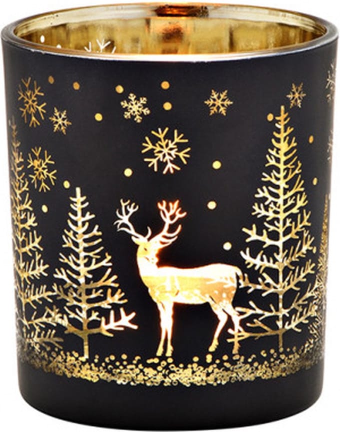 windlicht - waxinelichthouder - Lantaarn winterbosdecor van glas zwart 9x10x9cm , goud - kerst - rendier - MEDIUM